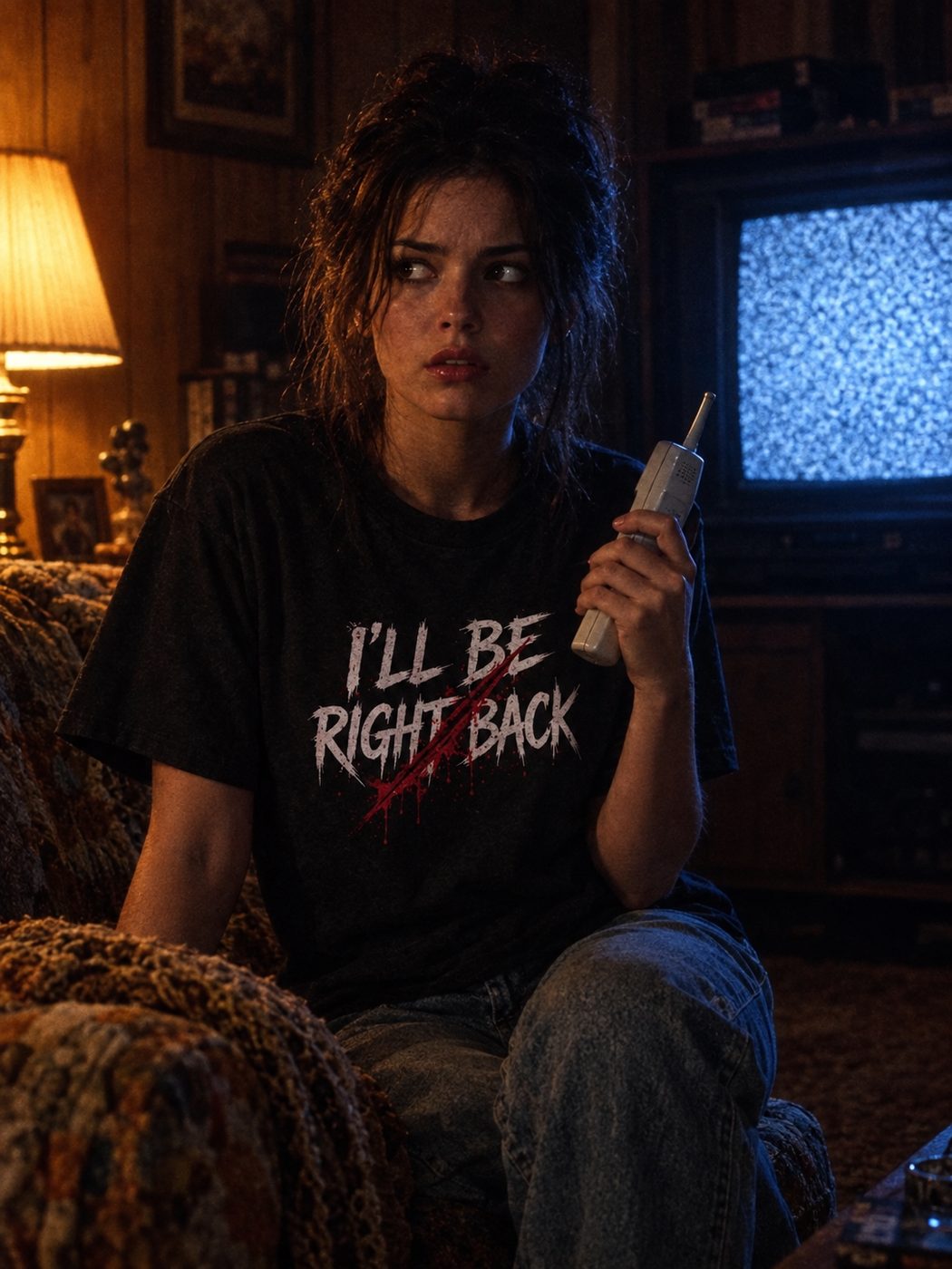A woman in the I'll Be Right Back tee holding a cordless phone in a dim living room