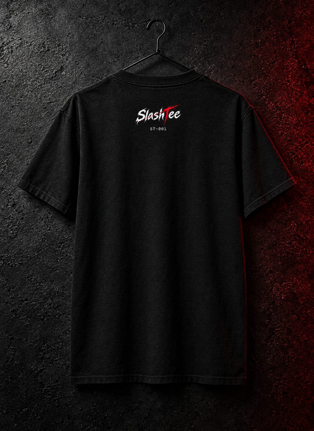 Back of the tee with the small SlashTee logo and ST-001 at the nape
